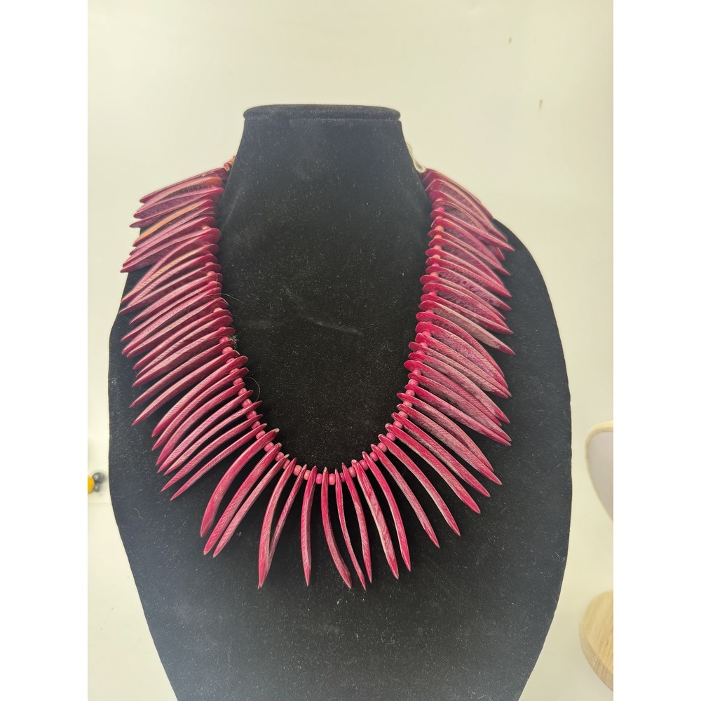 Vintage Magenta Wood Spike Statement Necklace Boho Tribal Collar Pink 21.5 Inch
